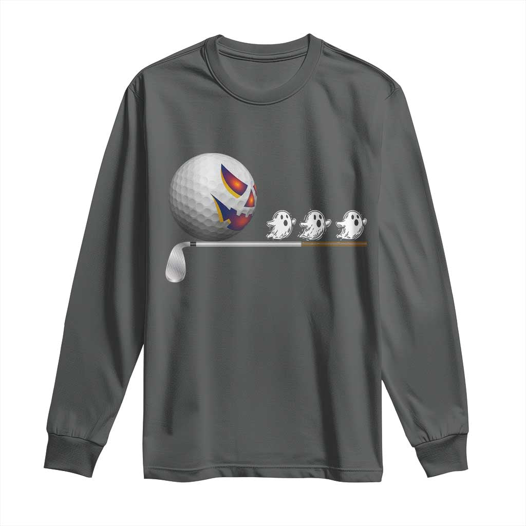 Funny Halloween Golf Pumpkin Chasing Ghost Gift Long Sleeve Shirt TS12 Dark Heather Print Your Wear