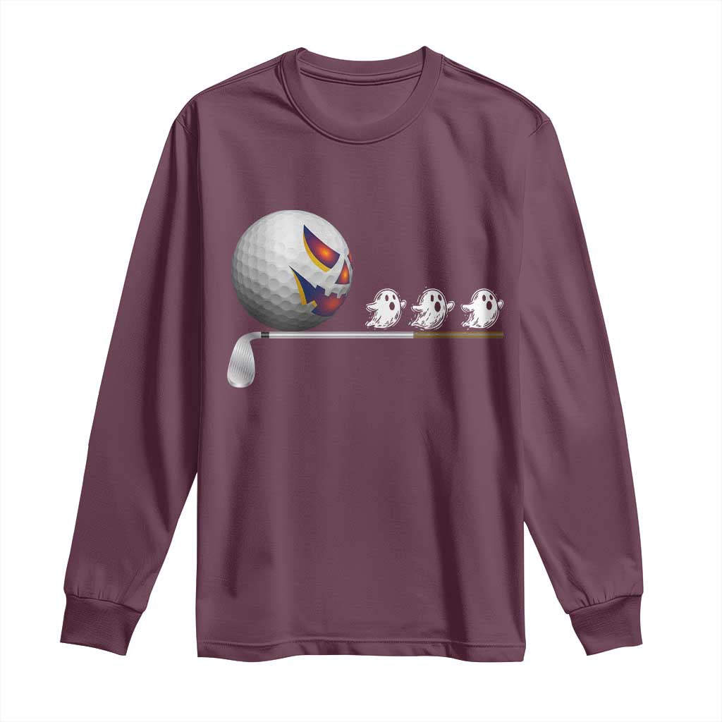 Funny Halloween Golf Pumpkin Chasing Ghost Gift Long Sleeve Shirt TS12 Maroon Print Your Wear