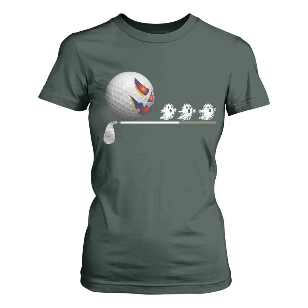 Funny Halloween Golf Pumpkin Chasing Ghost Gift T Shirt For Women TS12 Dark Forest Green Print Your Wear