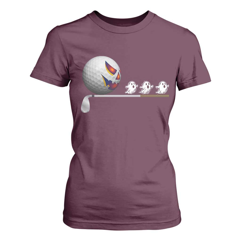 Funny Halloween Golf Pumpkin Chasing Ghost Gift T Shirt For Women TS12 Maroon Print Your Wear