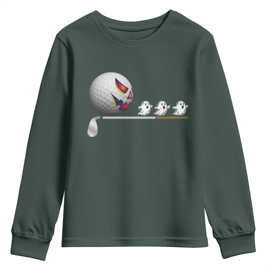 Funny Halloween Golf Pumpkin Chasing Ghost Gift Youth Sweatshirt TS12 Dark Forest Green Print Your Wear