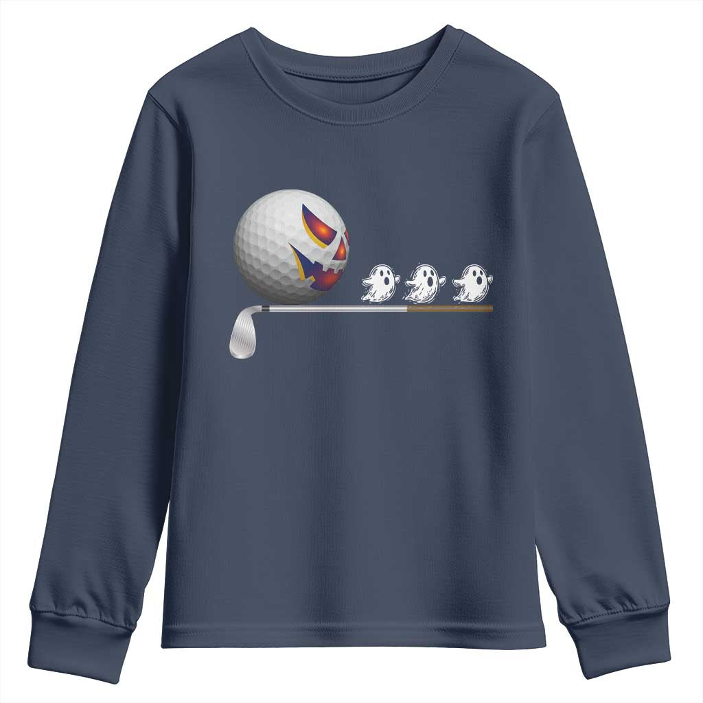 Funny Halloween Golf Pumpkin Chasing Ghost Gift Youth Sweatshirt TS12 Navy Print Your Wear