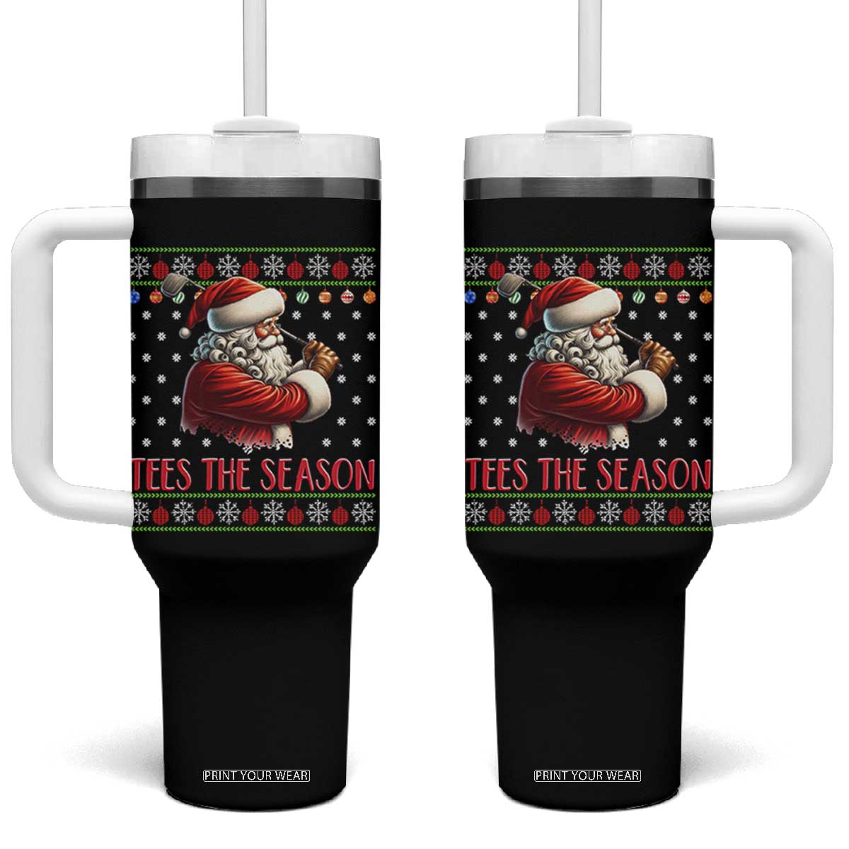 Funny Golf Holiday Gift Tumbler With Handle Tees The Season Ugly Sweater TS12 One Size: 40 oz Black Print Your Wear