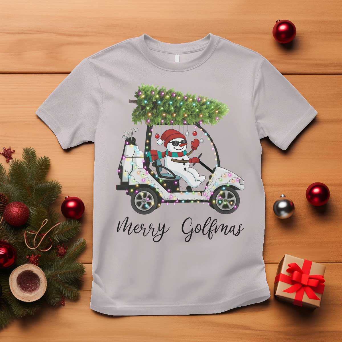 Funny Christmas Golf T Shirt Snowman Driving Golf Cart Merry Golfmas TS12 Ice Gray Print Your Wear