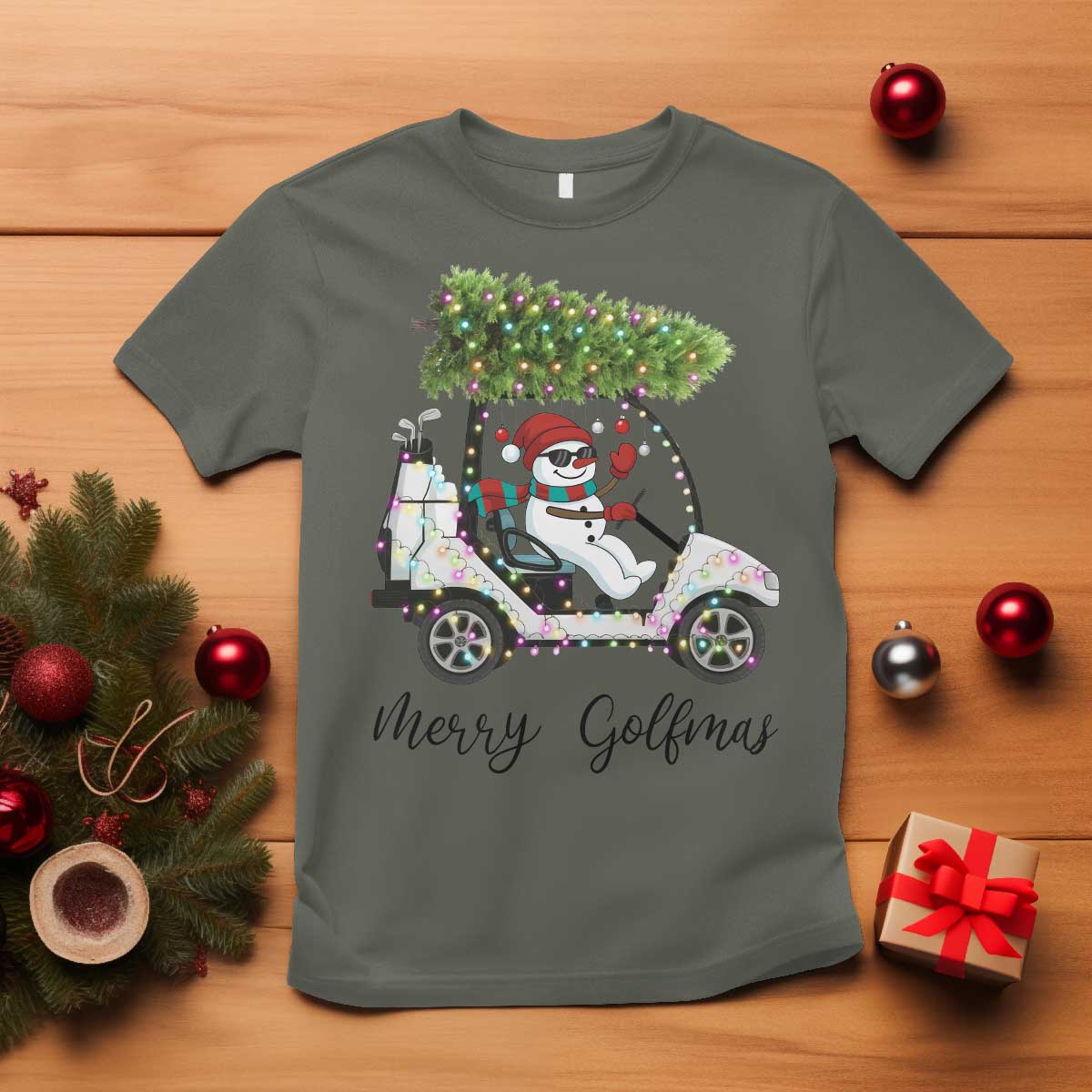 Funny Christmas Golf T Shirt Snowman Driving Golf Cart Merry Golfmas TS12 Military Green Print Your Wear