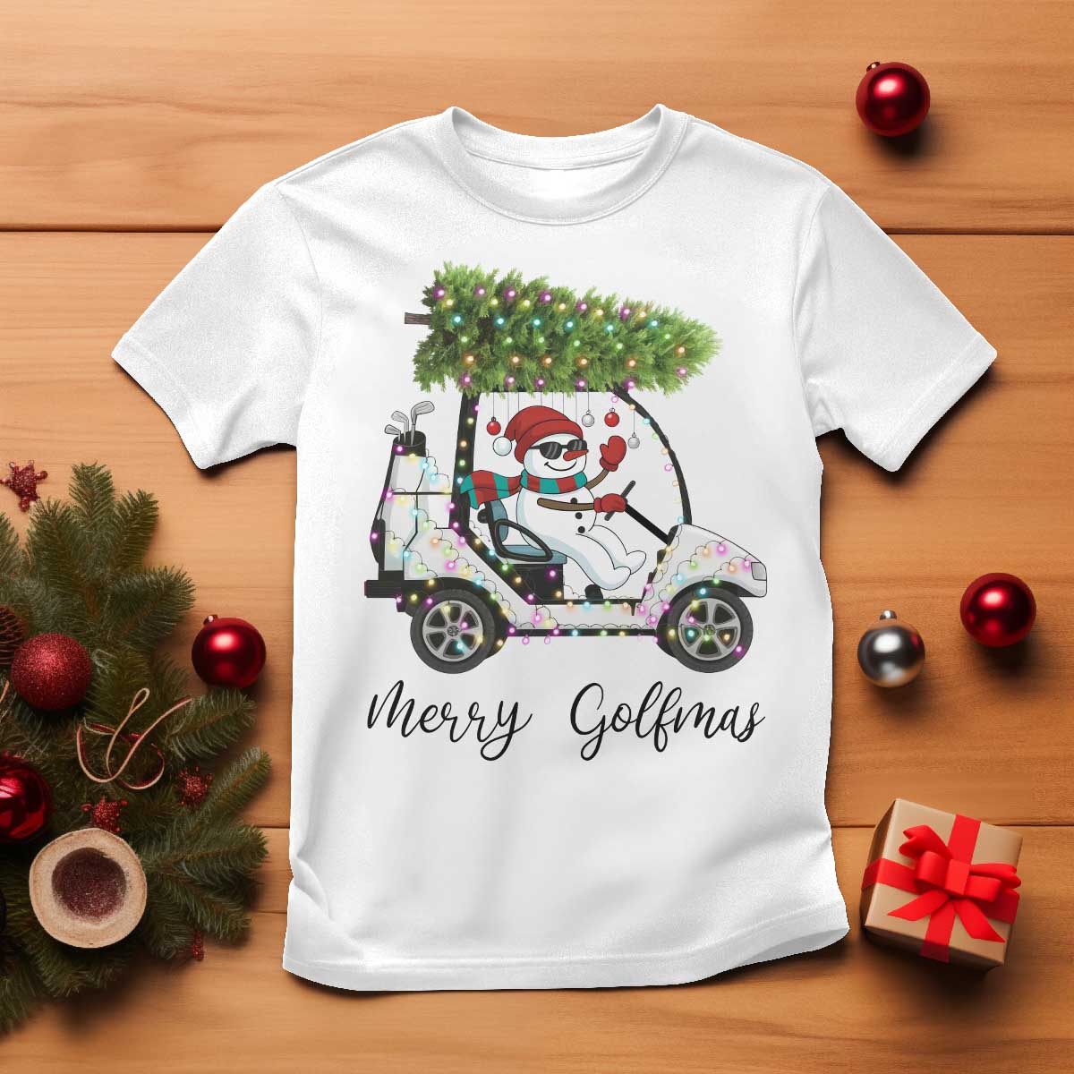 Funny Christmas Golf T Shirt Snowman Driving Golf Cart Merry Golfmas TS12 White Print Your Wear