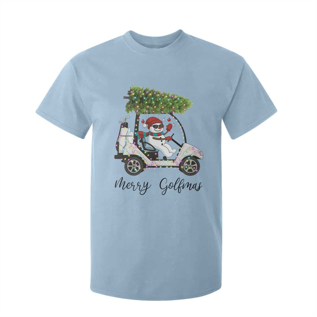 Funny Christmas Golf T Shirt For Kid Snowman Driving Golf Cart Merry Golfmas TS12 Light Blue Print Your Wear