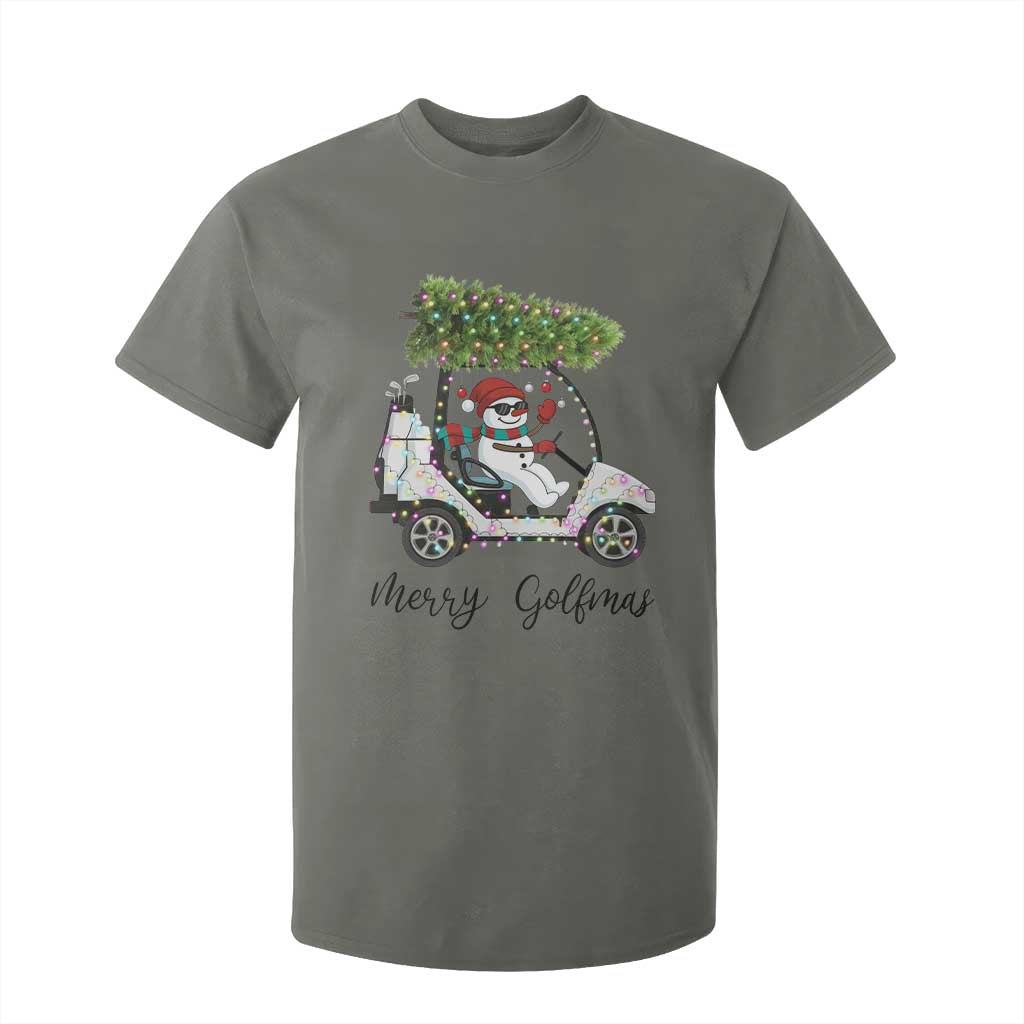 Funny Christmas Golf T Shirt For Kid Snowman Driving Golf Cart Merry Golfmas TS12 Military Green Print Your Wear