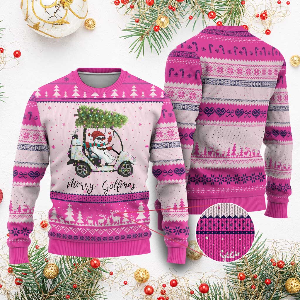 Funny Xmas Golf Ugly Christmas Sweater Snowman Driving Golf Cart Merry Golfmas TS12 Hot Pink Print Your Wear