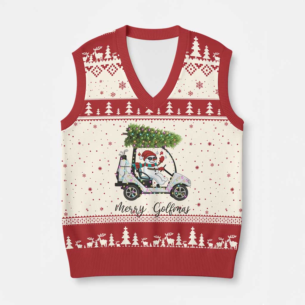 Funny Xmas Golf V-Neck Knit Sweater Vest Snowman Driving Golf Cart Merry Golfmas TS12 Beige Red Print Your Wear