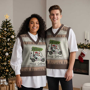 Funny Xmas Golf V-Neck Knit Sweater Vest Snowman Driving Golf Cart Merry Golfmas TS12 Mocha Mousse Print Your Wear