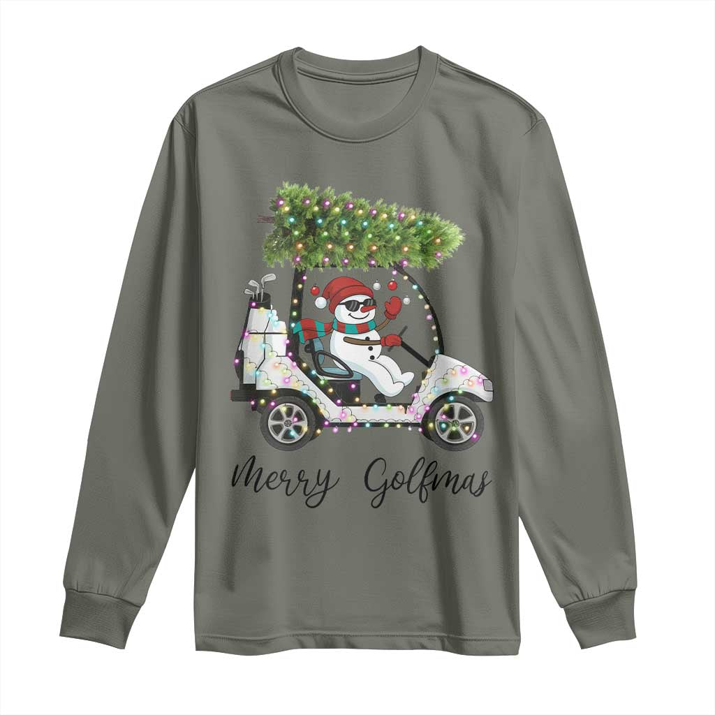 Funny Christmas Golf Long Sleeve Shirt Snowman Driving Golf Cart Merry Golfmas TS12 Military Green Print Your Wear