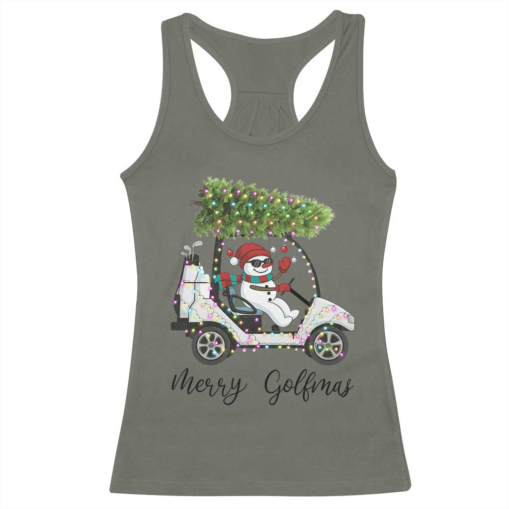 Funny Christmas Golf Racerback Tank Top Snowman Driving Golf Cart Merry Golfmas TS12 Military Green Print Your Wear