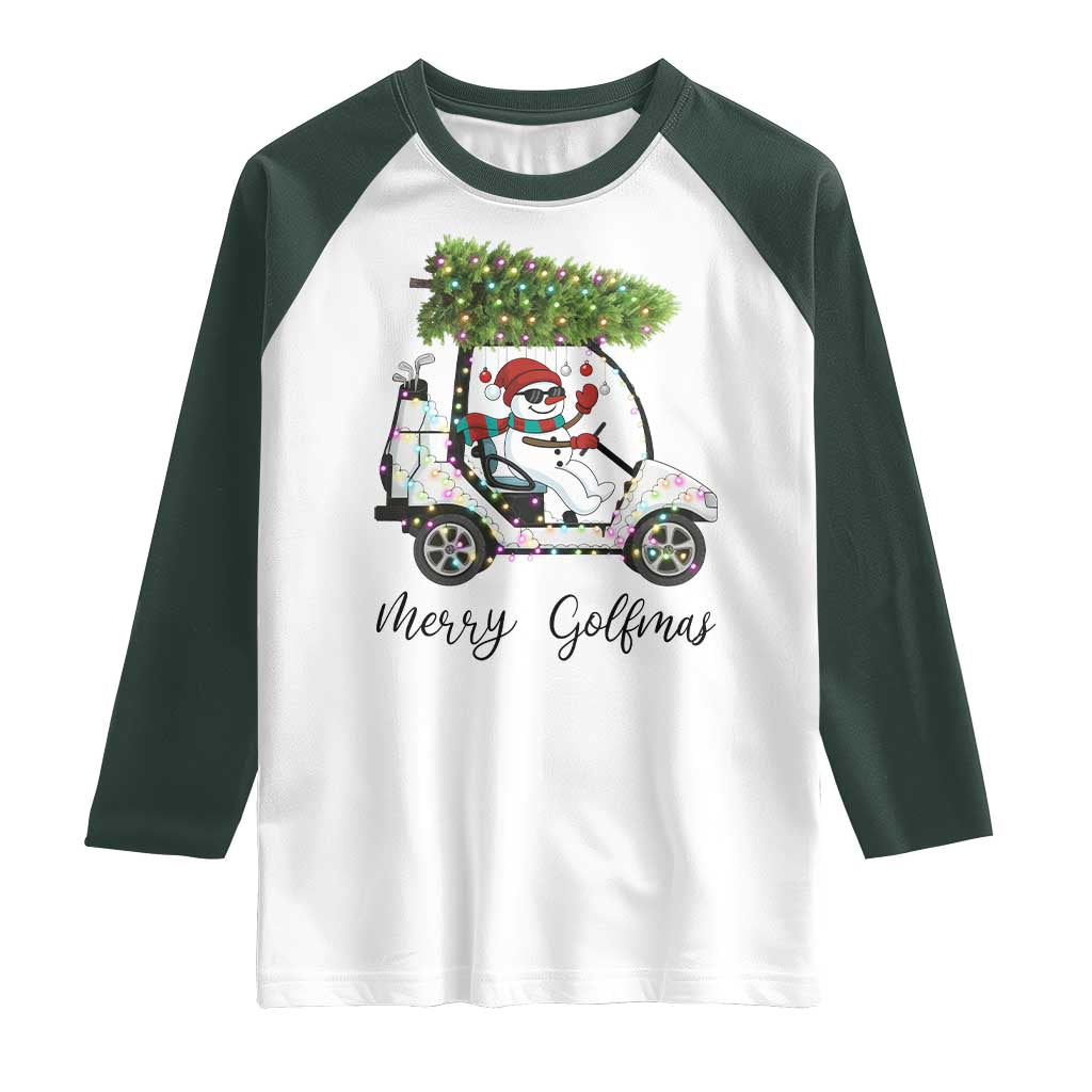 Funny Christmas Golf Raglan Shirt Snowman Driving Golf Cart Merry Golfmas TS12 White Dark Forest Green Print Your Wear