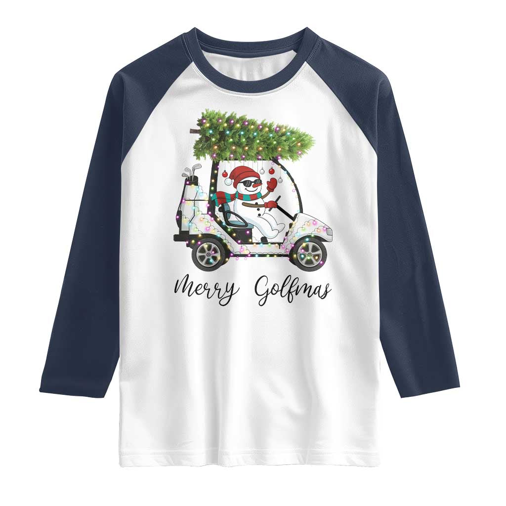 Funny Christmas Golf Raglan Shirt Snowman Driving Golf Cart Merry Golfmas TS12 White Navy Print Your Wear