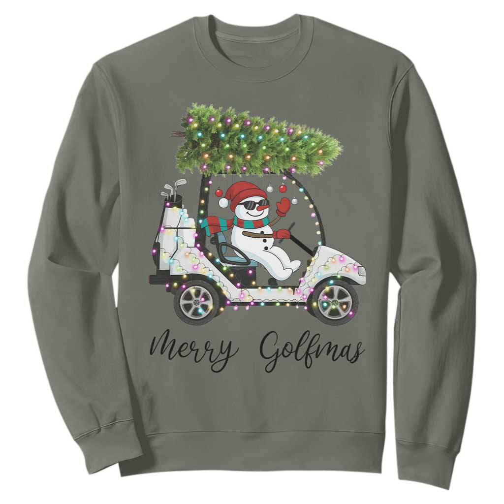 Funny Christmas Golf Sweatshirt Snowman Driving Golf Cart Merry Golfmas TS12 Military Green Print Your Wear