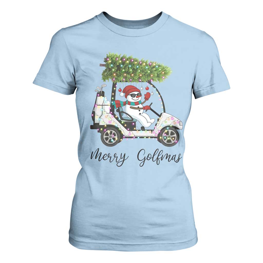 Funny Christmas Golf T Shirt For Women Snowman Driving Golf Cart Merry Golfmas TS12 Light Blue Print Your Wear