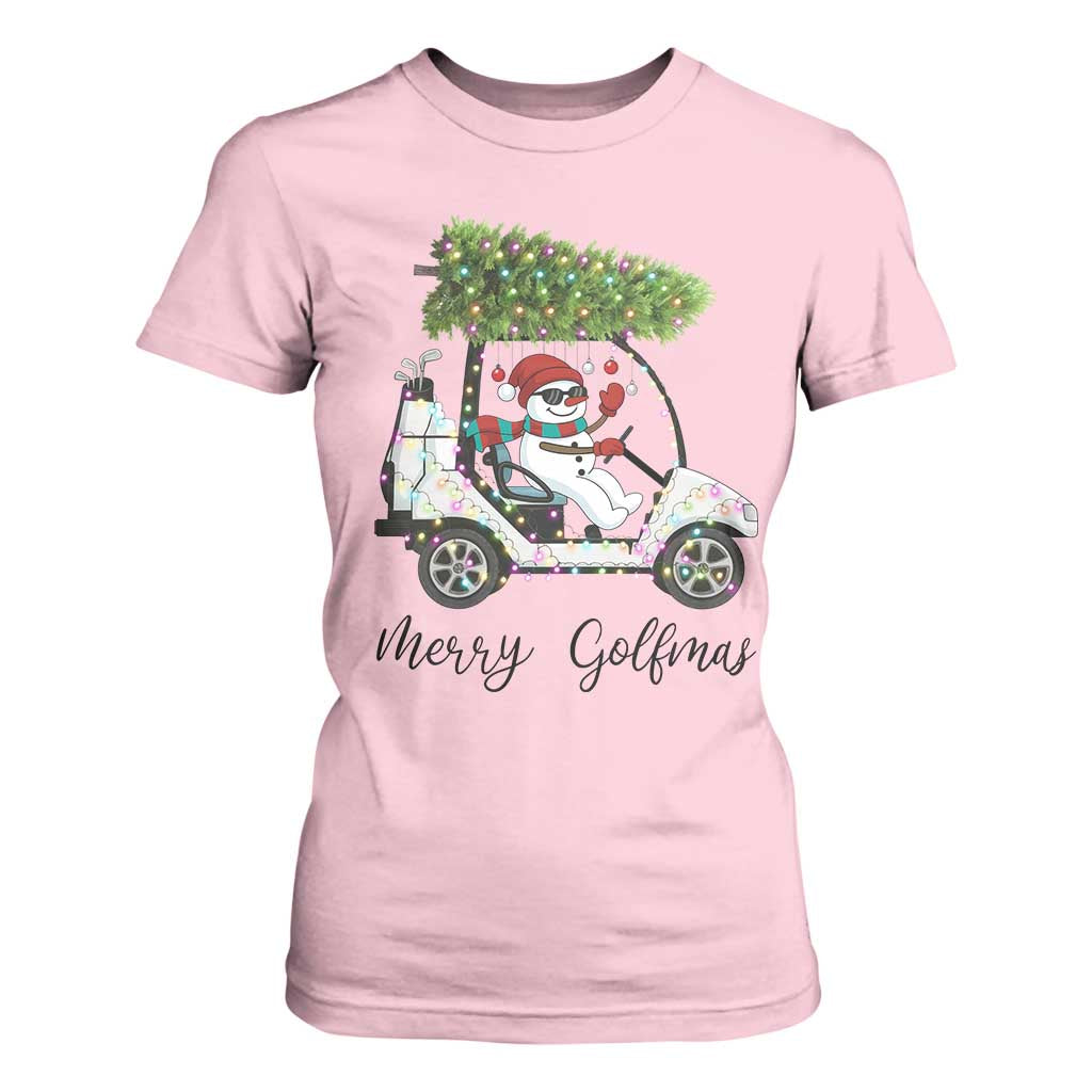 Funny Christmas Golf T Shirt For Women Snowman Driving Golf Cart Merry Golfmas TS12 Light Pink Print Your Wear