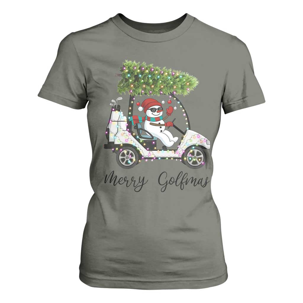 Funny Christmas Golf T Shirt For Women Snowman Driving Golf Cart Merry Golfmas TS12 Military Green Print Your Wear