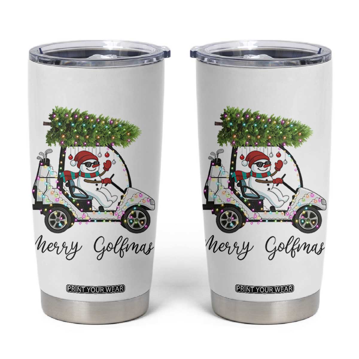 Funny Christmas Golf Tumbler Cup Snowman Driving Golf Cart Merry Golfmas TS12 White Print Your Wear