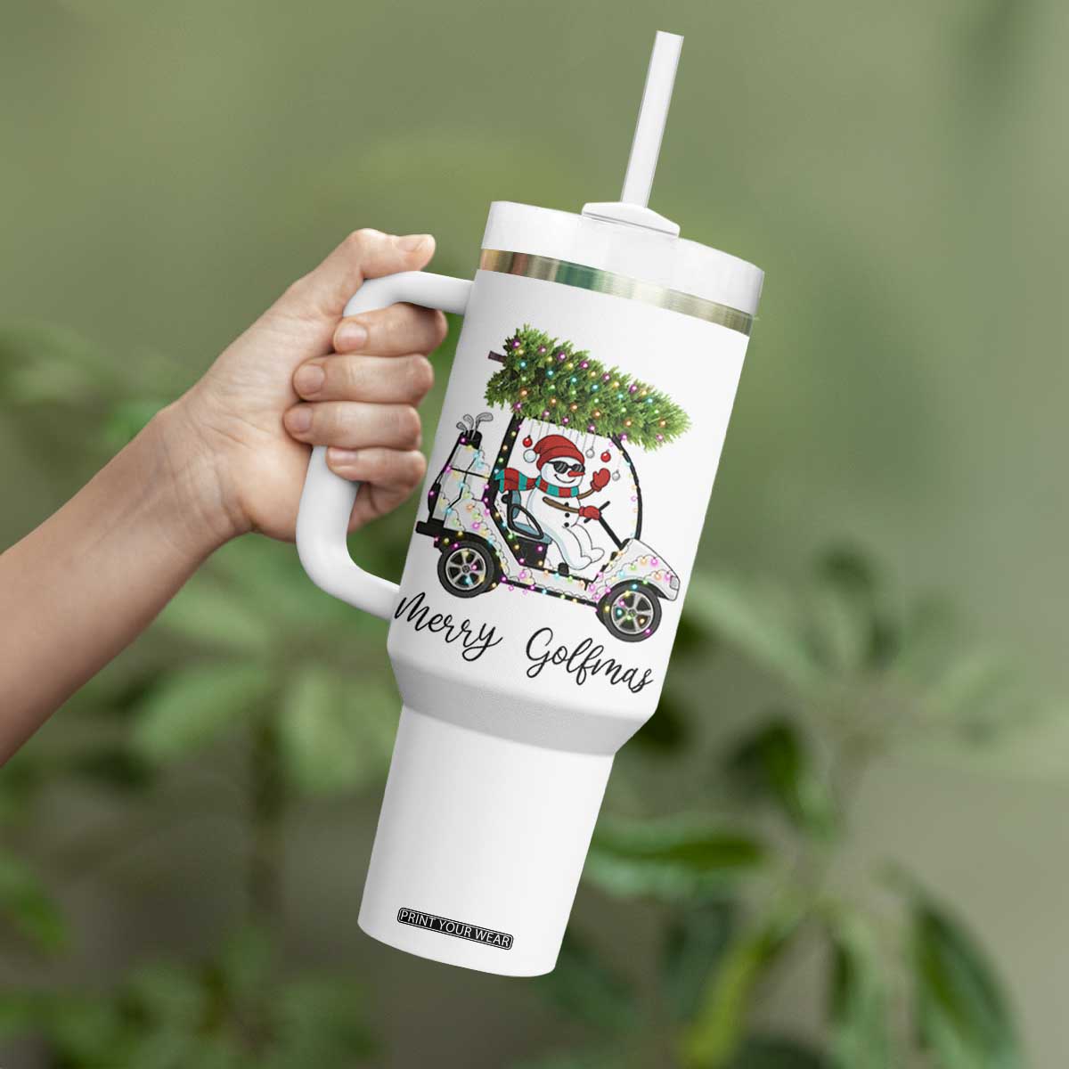 Funny Christmas Golf Tumbler With Handle Snowman Driving Golf Cart Merry Golfmas TS12 Print Your Wear