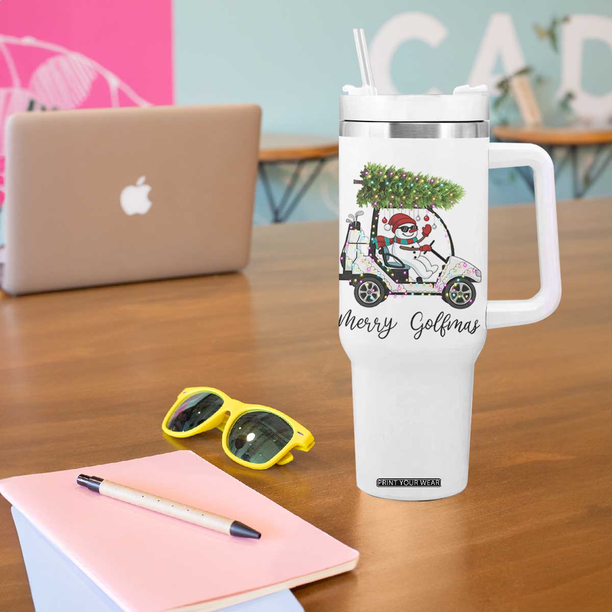 Funny Christmas Golf Tumbler With Handle Snowman Driving Golf Cart Merry Golfmas TS12 Print Your Wear
