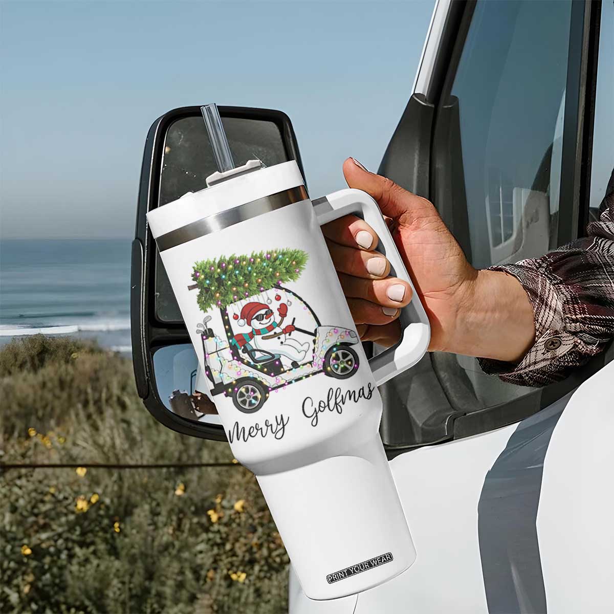 Funny Christmas Golf Tumbler With Handle Snowman Driving Golf Cart Merry Golfmas TS12 Print Your Wear