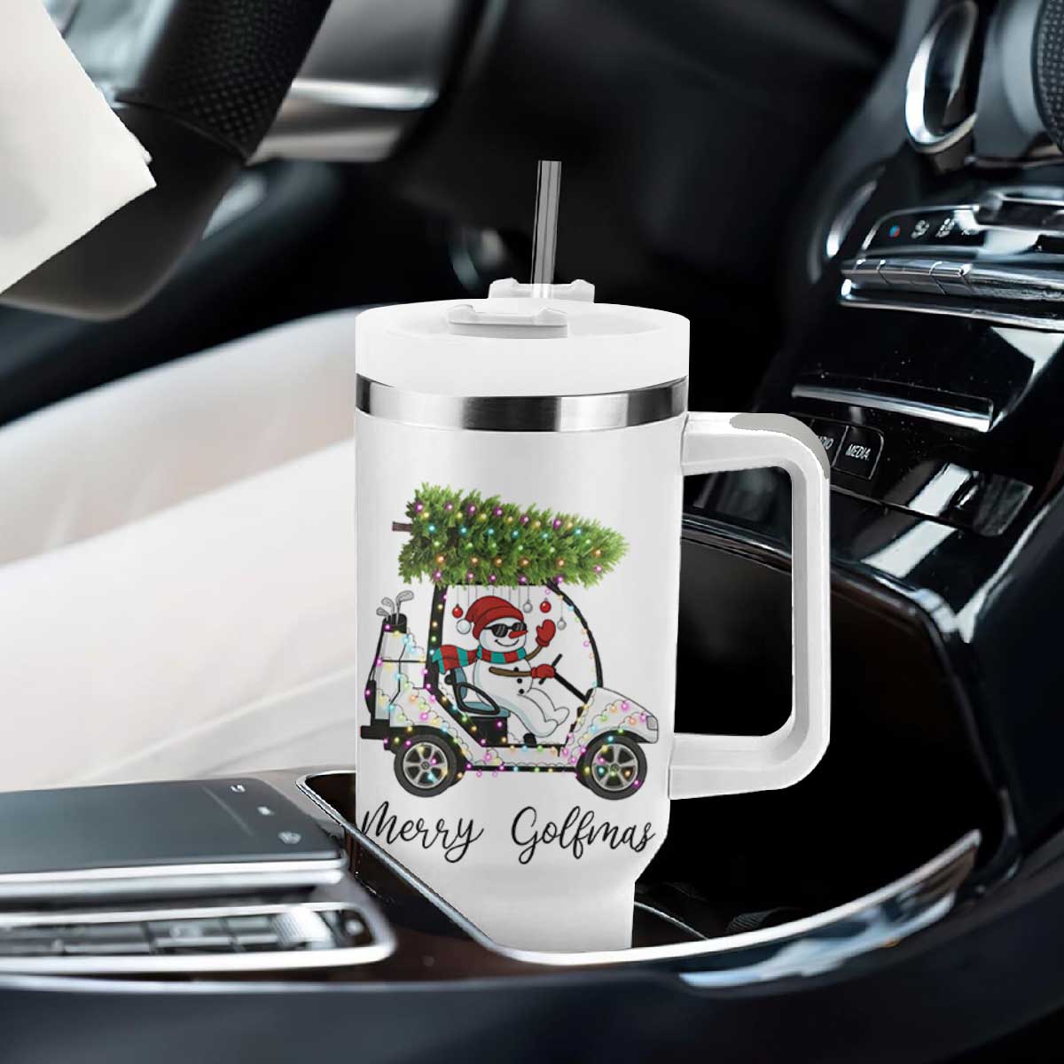 Funny Christmas Golf Tumbler With Handle Snowman Driving Golf Cart Merry Golfmas TS12 Print Your Wear
