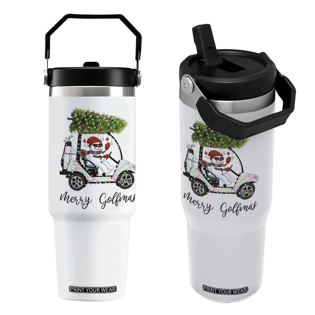 Funny Christmas Golf Flip Straw Tumbler Snowman Driving Golf Cart Merry Golfmas TS12 One Size: 30 oz White Print Your Wear