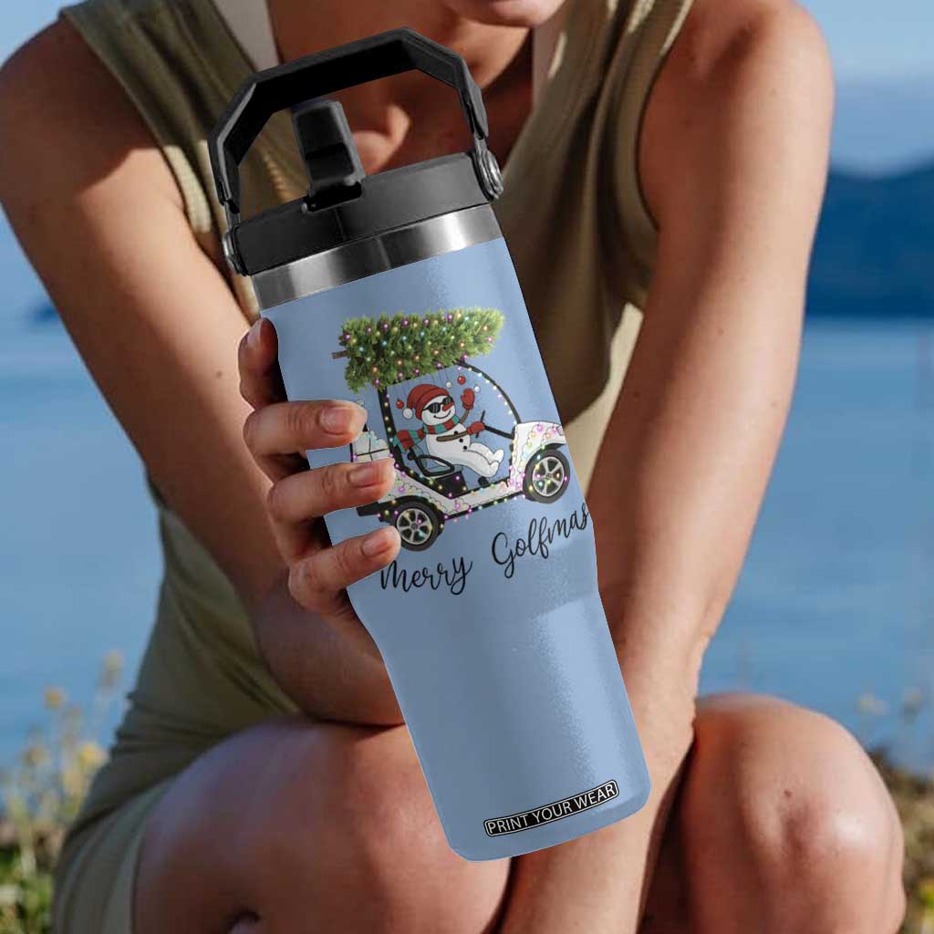 Funny Christmas Golf Flip Straw Tumbler Snowman Driving Golf Cart Merry Golfmas TS12 One Size: 30 oz Light Blue Print Your Wear