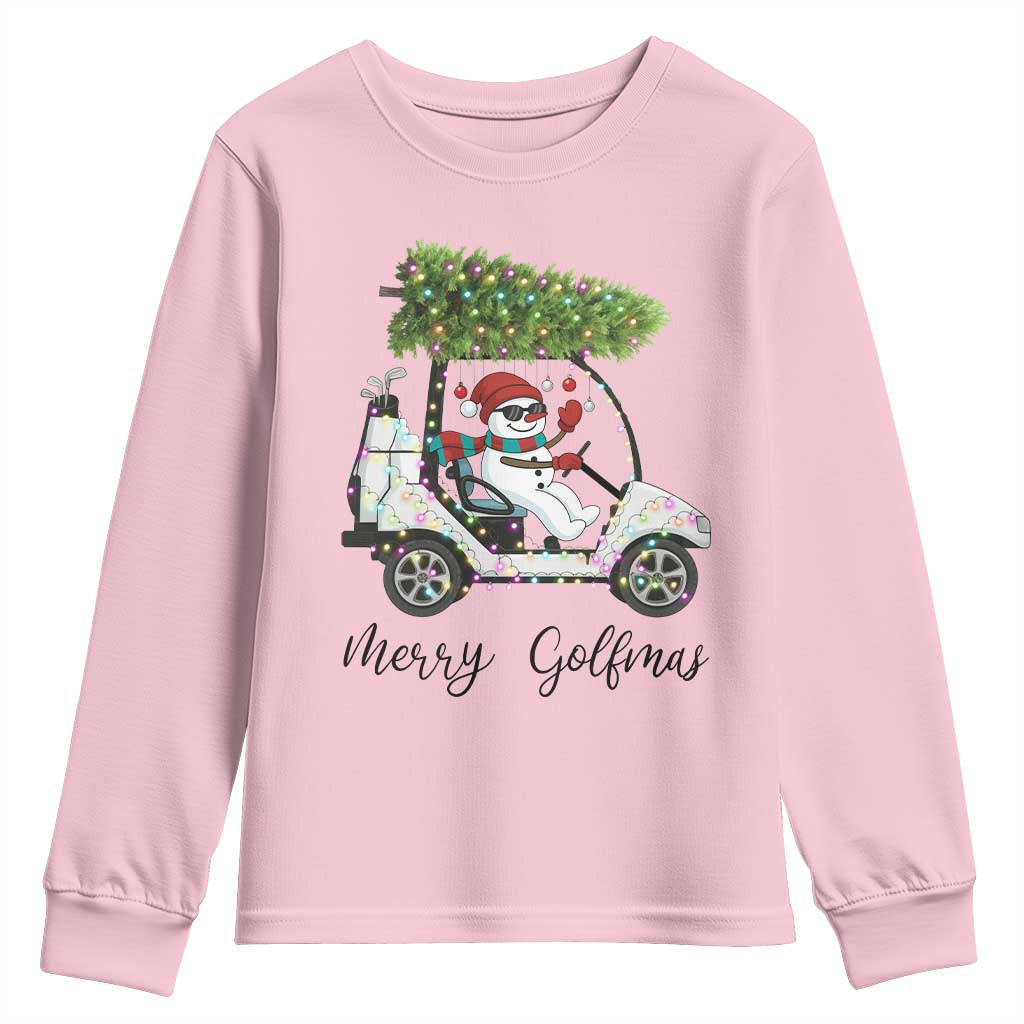 Funny Christmas Golf Youth Sweatshirt Snowman Driving Golf Cart Merry Golfmas TS12 Light Pink Print Your Wear
