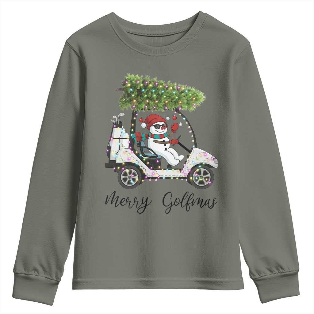 Funny Christmas Golf Youth Sweatshirt Snowman Driving Golf Cart Merry Golfmas TS12 Military Green Print Your Wear