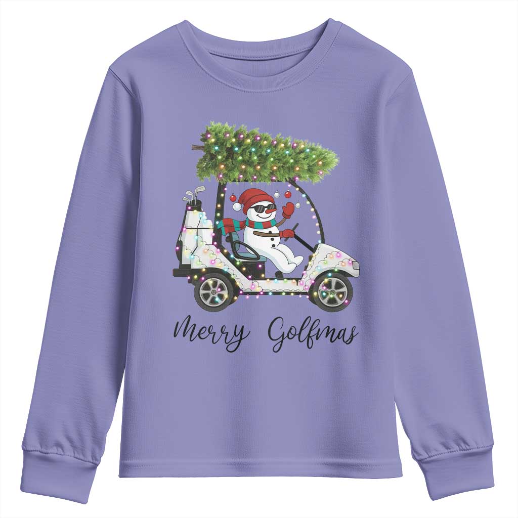 Funny Christmas Golf Youth Sweatshirt Snowman Driving Golf Cart Merry Golfmas TS12 Violet Print Your Wear
