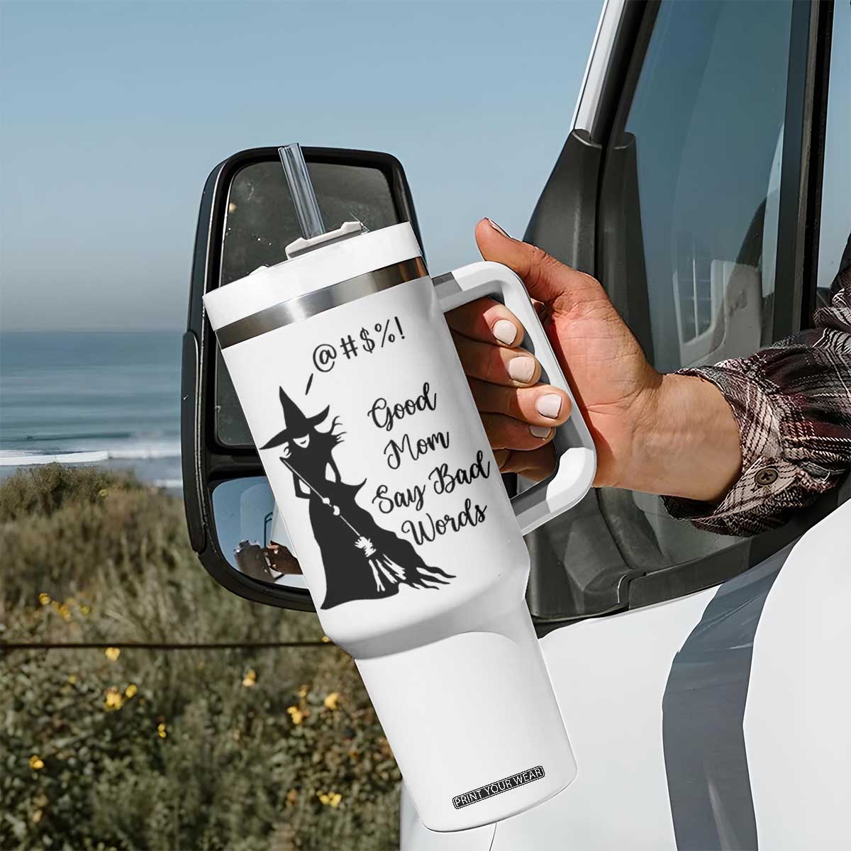 Good Mom Say Bad Words Tumbler With Handle Funny Witch Mom Halloween Gift TS12 Print Your Wear