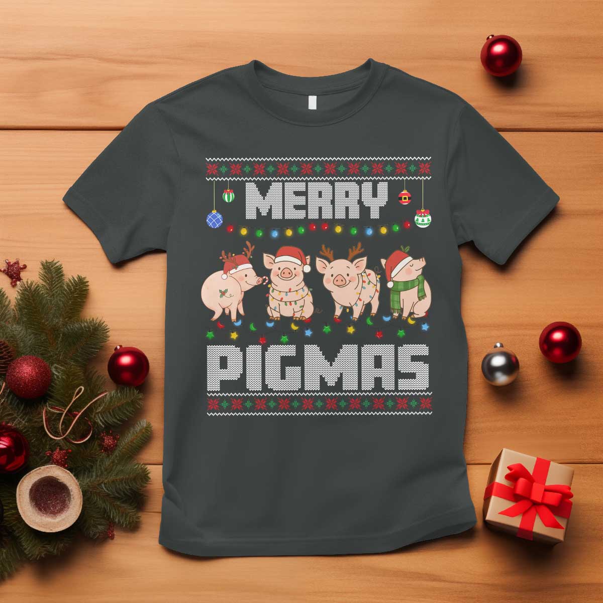 Funny Merry Pigmas T Shirt Christmas Pig Ugly Sweater Gift TS12 Dark Heather Print Your Wear