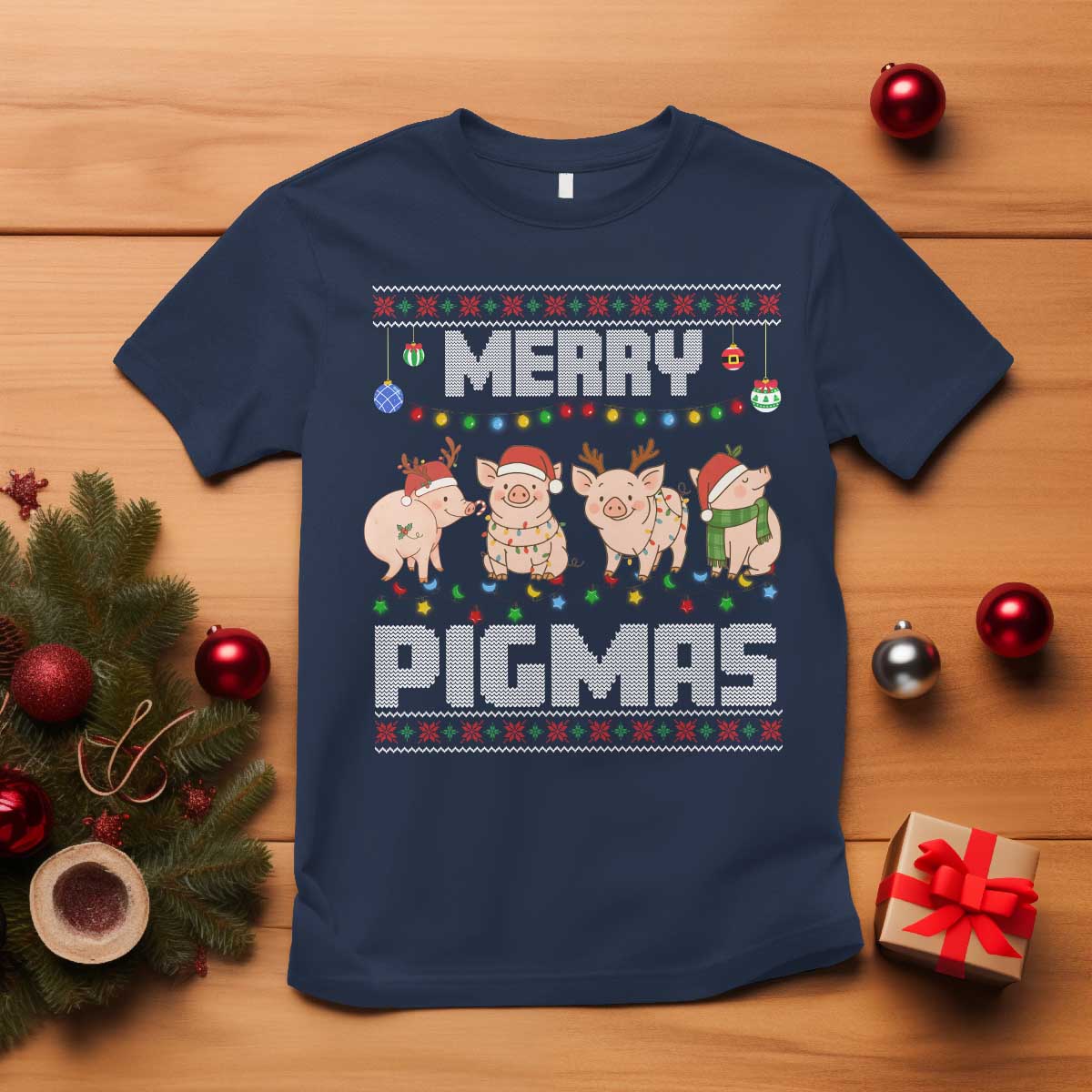 Funny Merry Pigmas T Shirt Christmas Pig Ugly Sweater Gift TS12 Navy Print Your Wear
