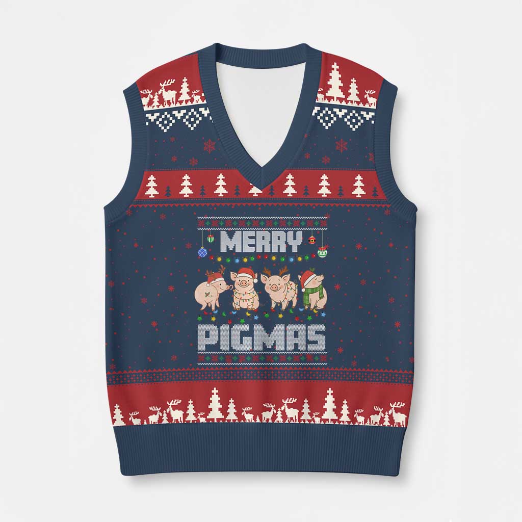 Funny Merry Pigmas V-Neck Knit Sweater Vest Xmas Pig Ugly Sweater Gift TS12 Navy Red Print Your Wear