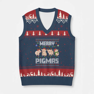Funny Merry Pigmas V-Neck Knit Sweater Vest Xmas Pig Ugly Sweater Gift TS12 Navy Red Print Your Wear