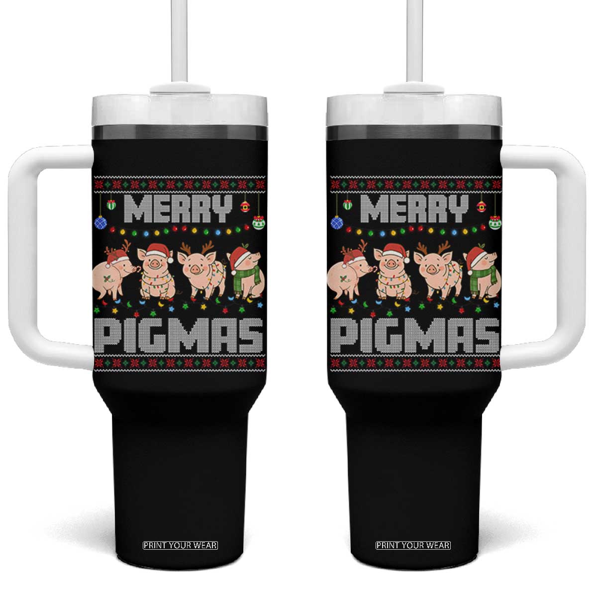 Funny Merry Pigmas Tumbler With Handle Christmas Pig Ugly Sweater Gift TS12 One Size: 40 oz Black Print Your Wear
