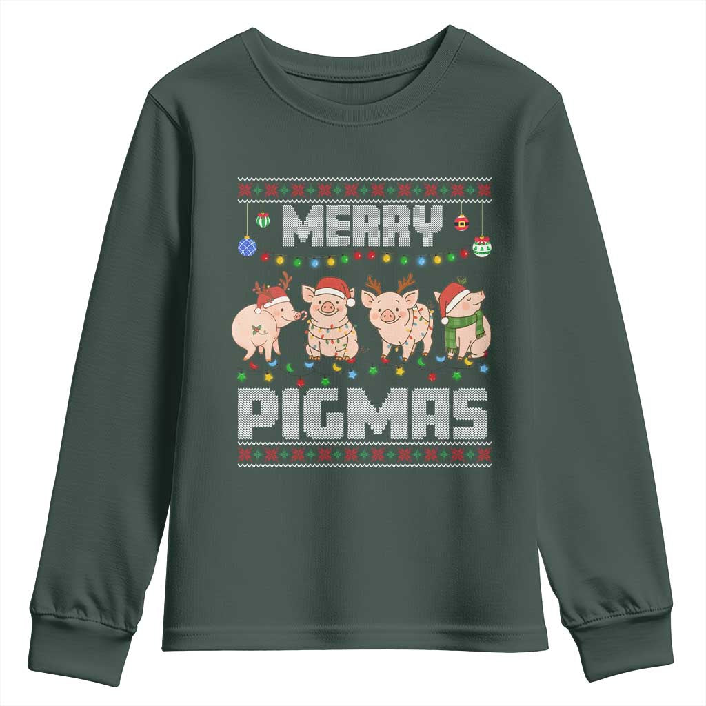 Funny Merry Pigmas Youth Sweatshirt Christmas Pig Ugly Sweater Gift TS12 Dark Forest Green Print Your Wear