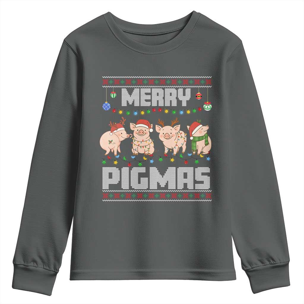 Funny Merry Pigmas Youth Sweatshirt Christmas Pig Ugly Sweater Gift TS12 Dark Heather Print Your Wear