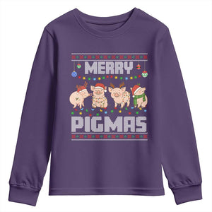 Funny Merry Pigmas Youth Sweatshirt Christmas Pig Ugly Sweater Gift TS12 Purple Print Your Wear