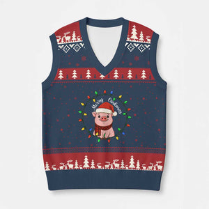 Funny Merry Oinkmas V-Neck Knit Sweater Vest Farmer Xmas Pig Lover Gift TS12 Navy Red Print Your Wear