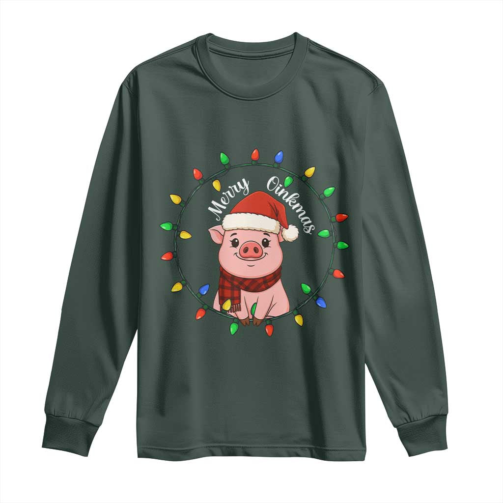Funny Merry Oinkmas Long Sleeve Shirt Farmer Christmas Pig Lover Gift TS12 Dark Forest Green Print Your Wear