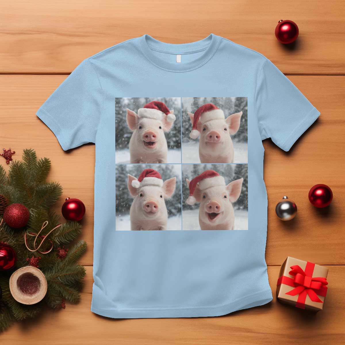 Funny Pig With Santa Hat Photobooth T Shirt Christmas Gift TS12 Light Blue Print Your Wear