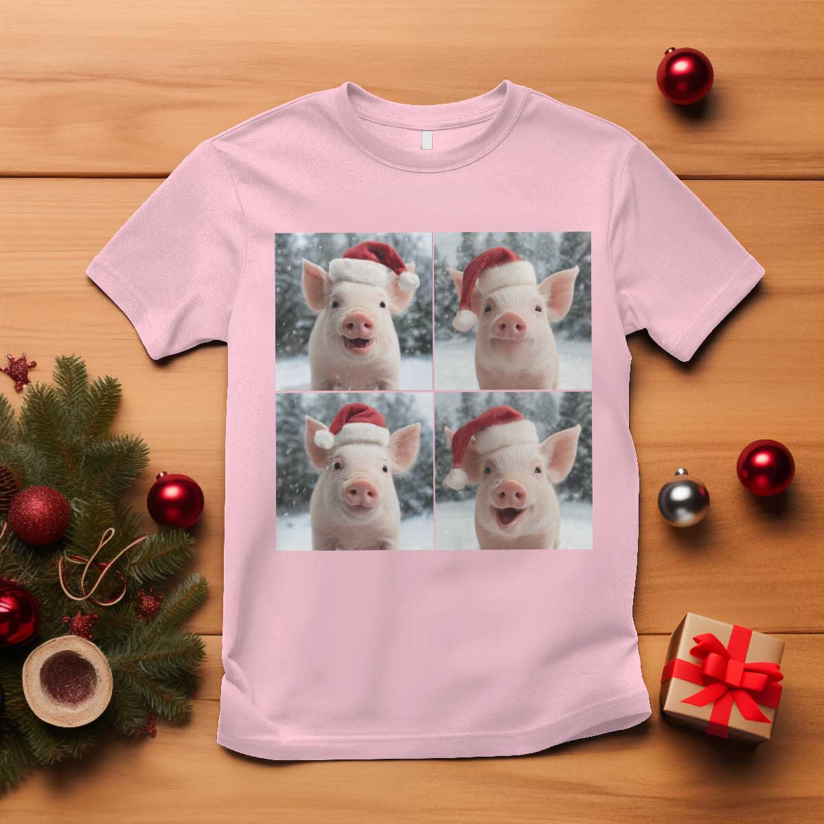 Funny Pig With Santa Hat Photobooth T Shirt Christmas Gift TS12 Light Pink Print Your Wear