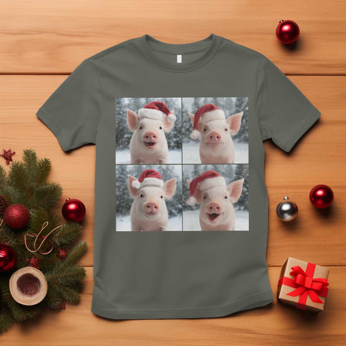 Funny Pig With Santa Hat Photobooth T Shirt Christmas Gift TS12 Military Green Print Your Wear