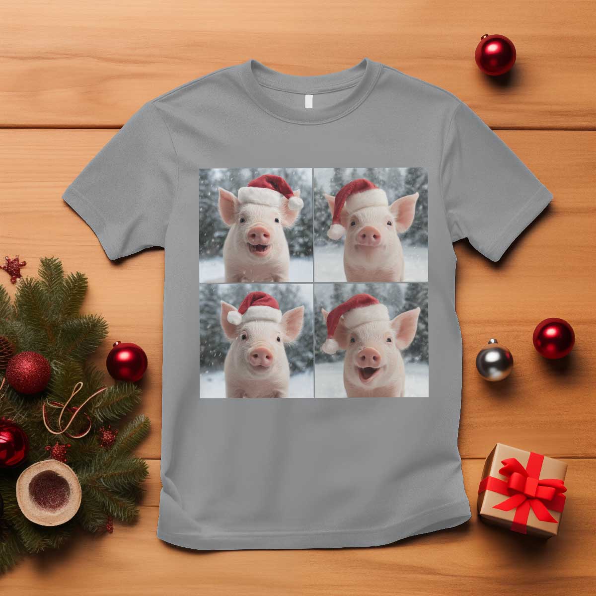 Funny Pig With Santa Hat Photobooth T Shirt Christmas Gift TS12 Sport Gray Print Your Wear