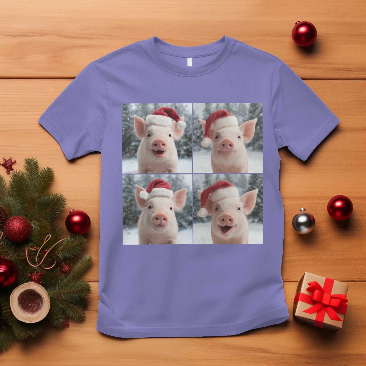 Funny Pig With Santa Hat Photobooth T Shirt Christmas Gift TS12 Violet Print Your Wear