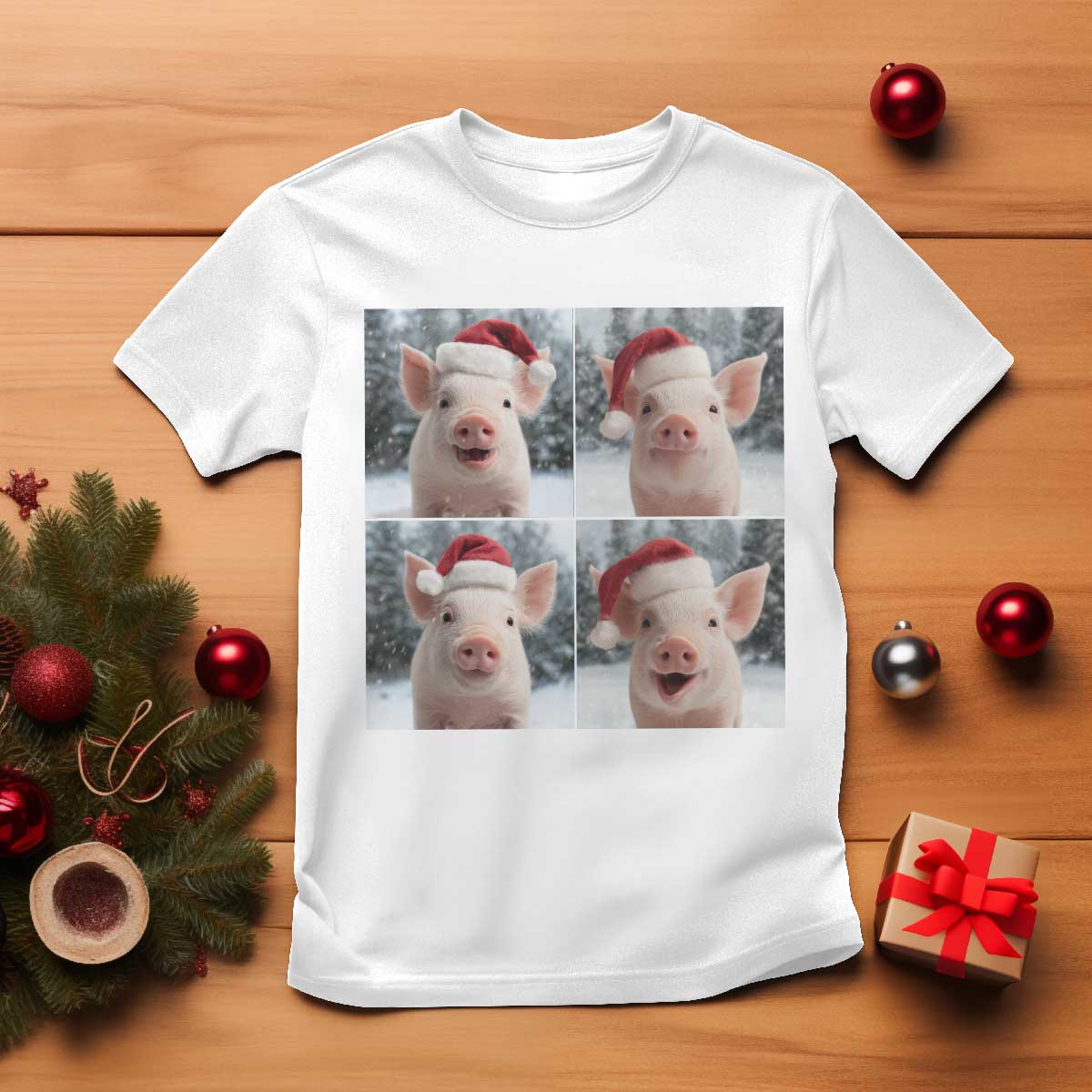 Funny Pig With Santa Hat Photobooth T Shirt Christmas Gift TS12 White Print Your Wear